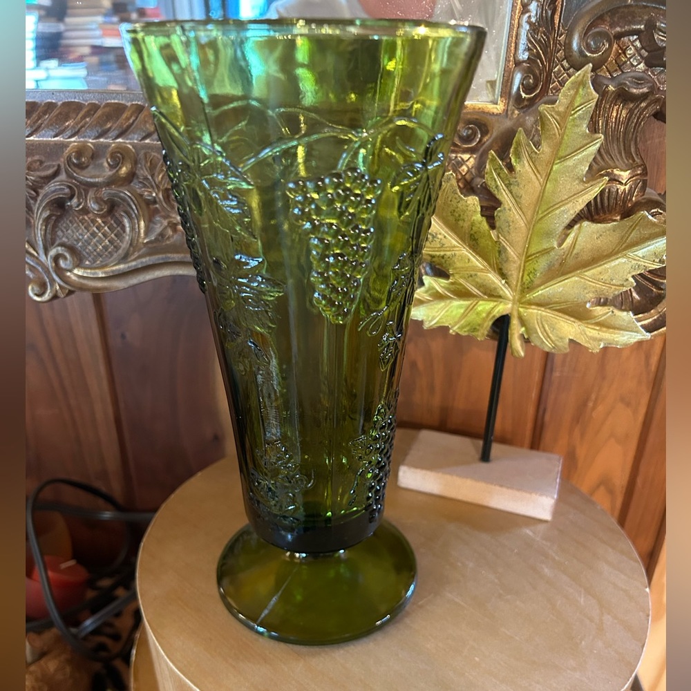 Indiana Glass Olive Green Pressed Glass Grape Motif Vase